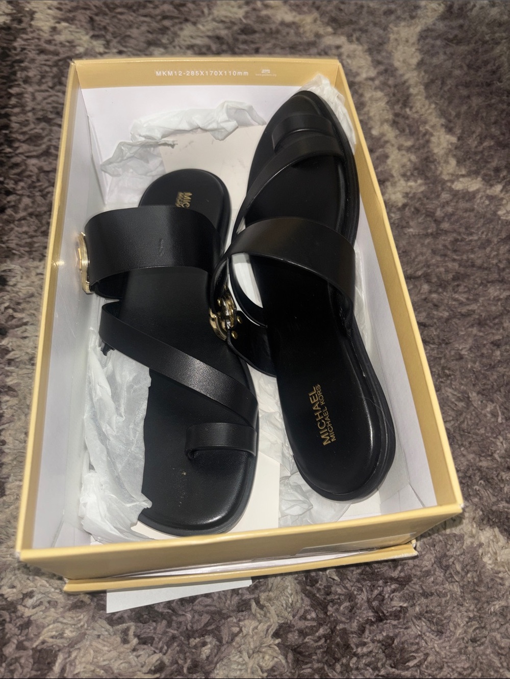 Michael Kors Black Leather Cross-Strap Slide Sandals with Gold Accent